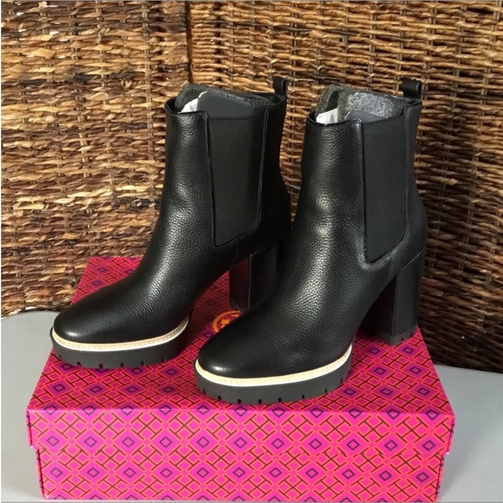 TORY BURCH NEW MILLER 100 MM LUG SOLE BOOTIE TUMBLED LEATHER PERFECT BLACK - Picture 3 of 11